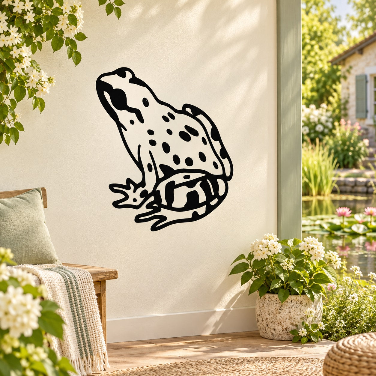 Leopard frog wall decal, sitting pose, black-and-white outline illustration