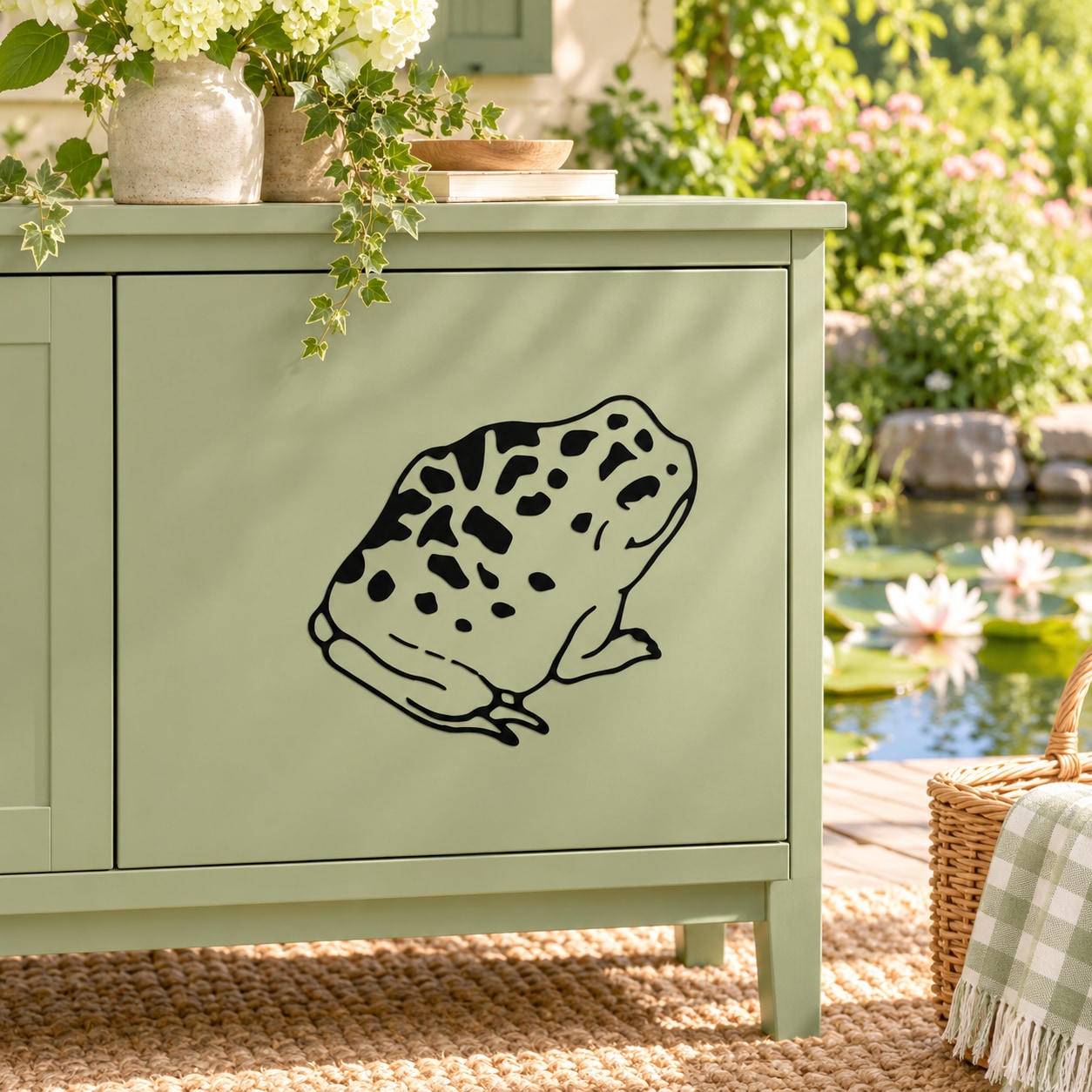 Spotted toad decal with black outline and dark spots on a cabinet panel
