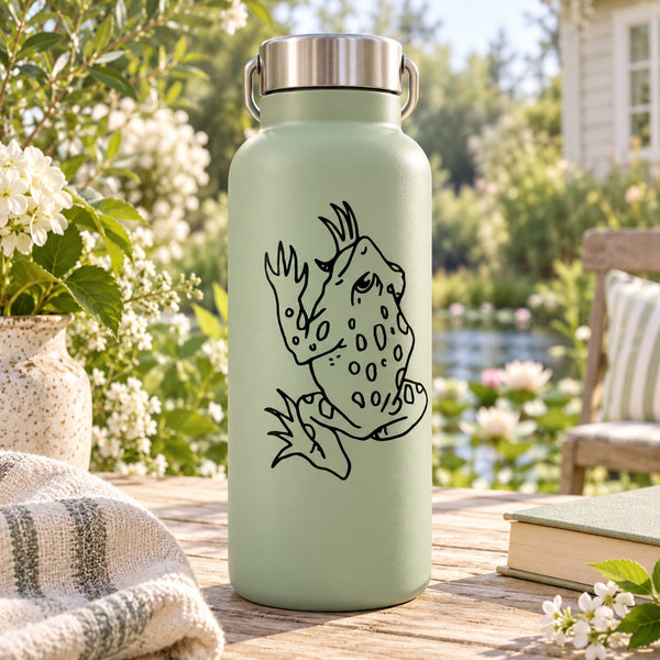 Climbing frog cartoon decal, black line art on mint bottle