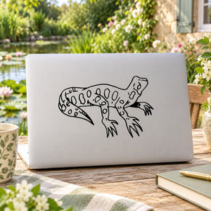 Looking-up leopard gecko decal in black line art on laptop