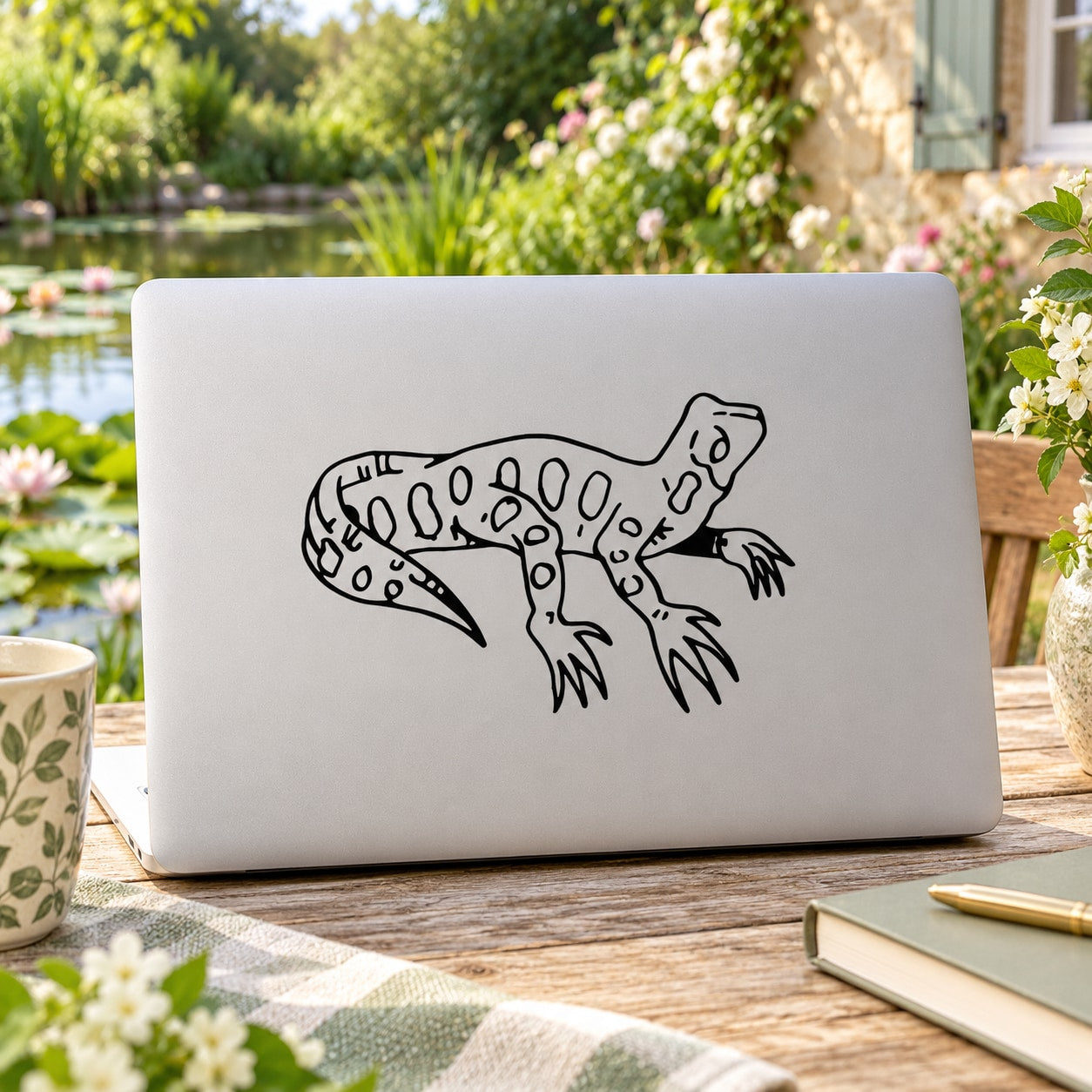 Looking-up leopard gecko decal in black line art on laptop