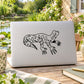 Looking-up leopard gecko decal in black line art on laptop