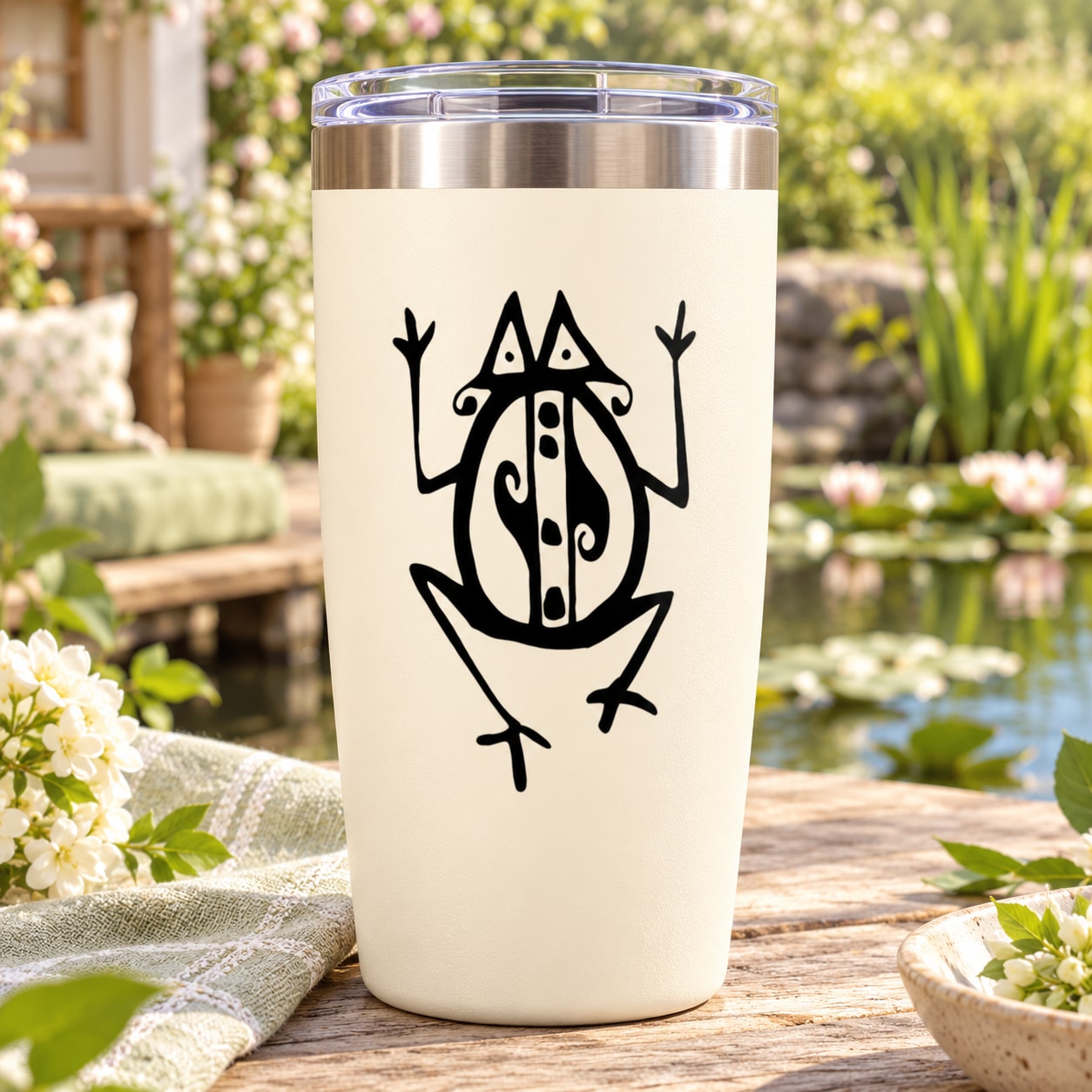 White tumbler with black tribal frog decal