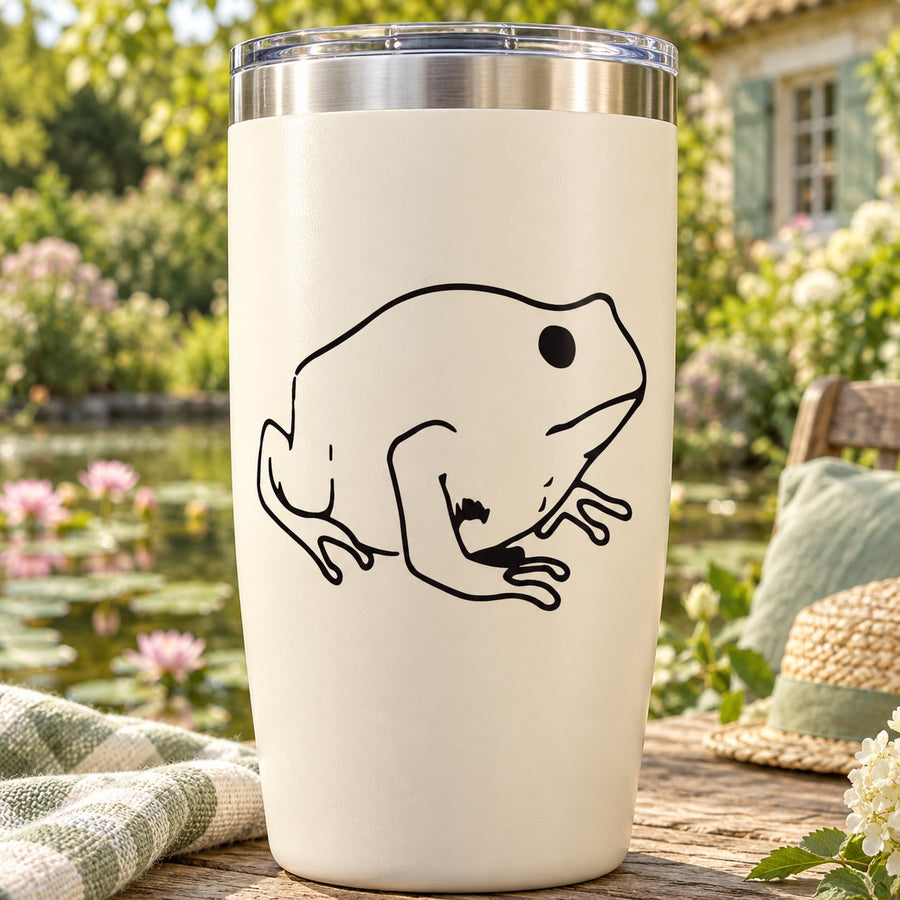 Bull frog decal with black line-art frog face on a light background