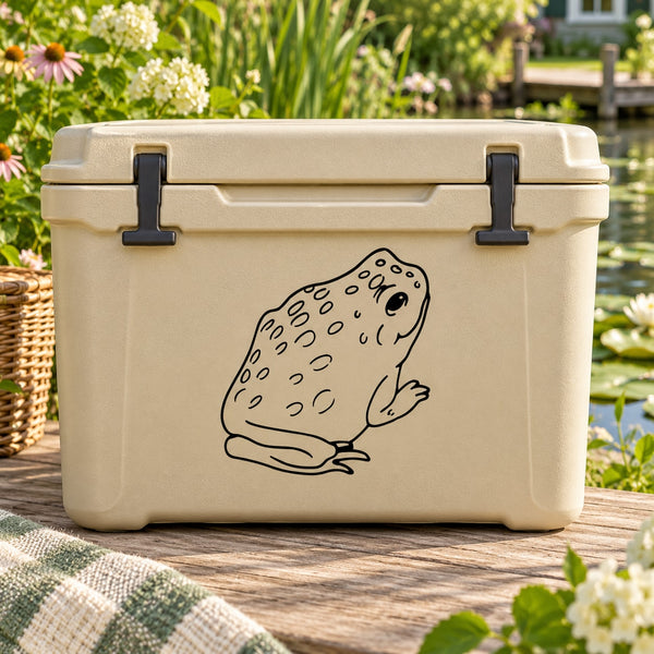 Spotted bullfrog outline decal in black on a light cooler
