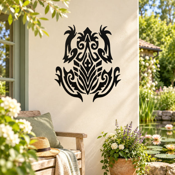 Black intricate tribal frog wall decal with ornate scrollwork details