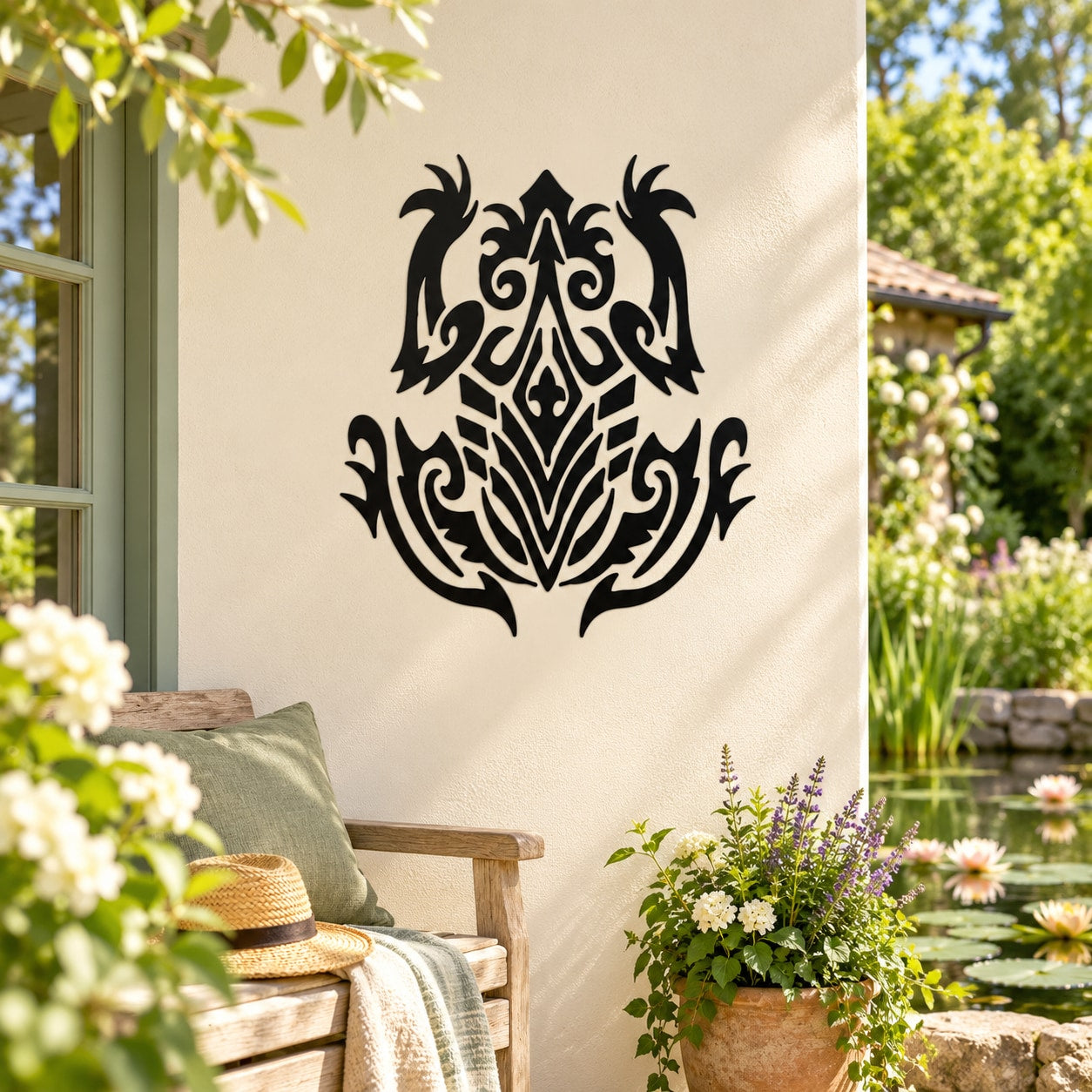 Black intricate tribal frog wall decal with ornate scrollwork details