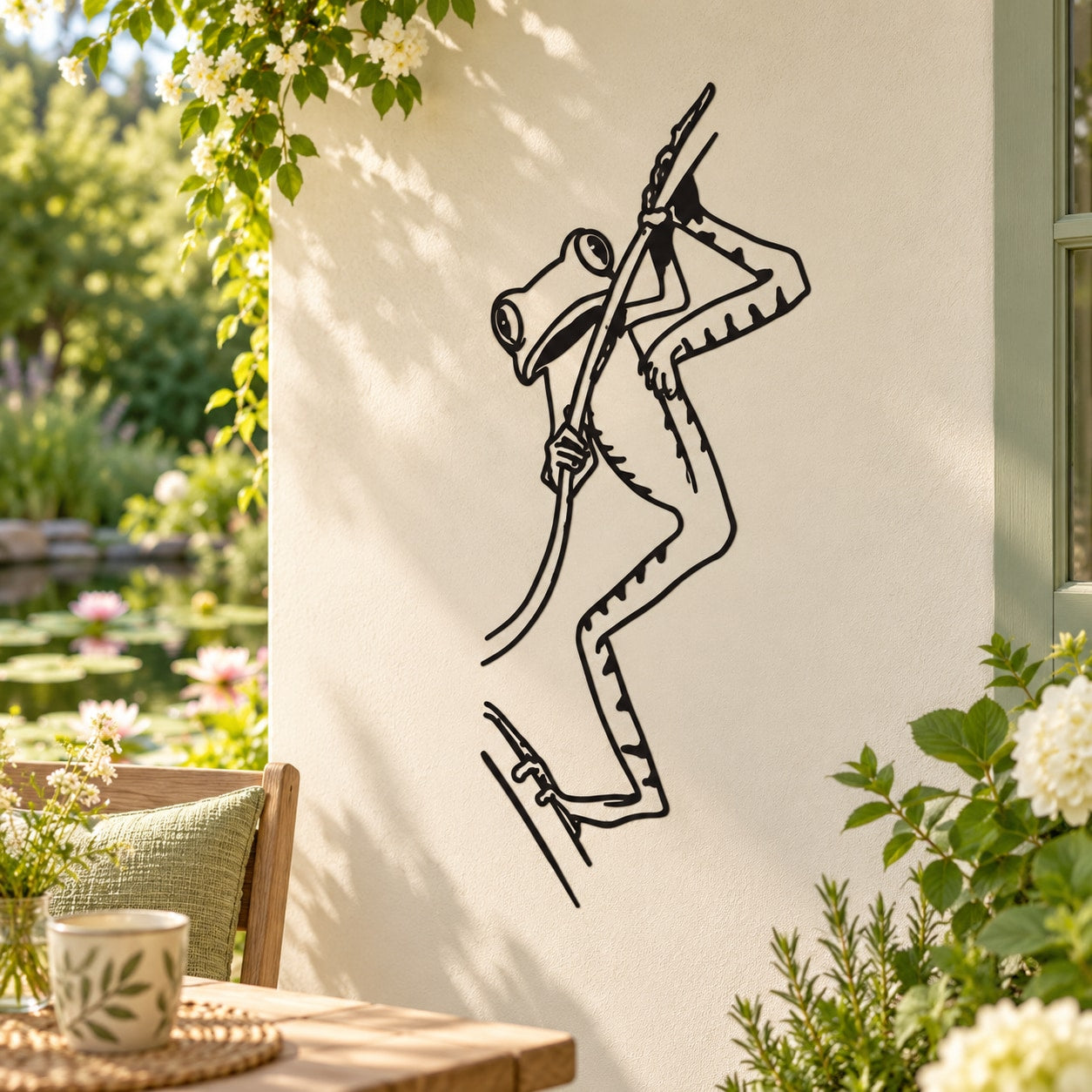 Hanging tree frog wall decal with black line-art silhouette