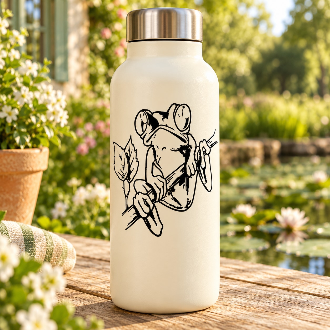 Watching tree frog on branch decal, black illustration on white water bottle