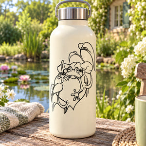 Cream water bottle with tree frog and fruit decal in black line art