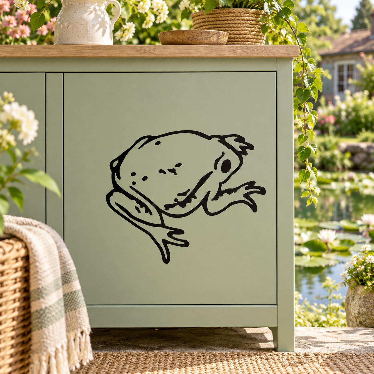 Young toad decal with black outlined toad face on light surface