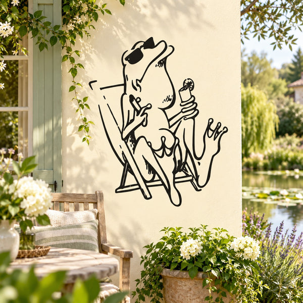 Frog on Vacation decal with sitting black frog holding a drink