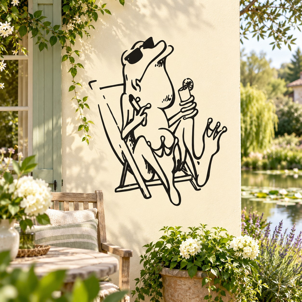 Frog on Vacation decal with sitting black frog holding a drink