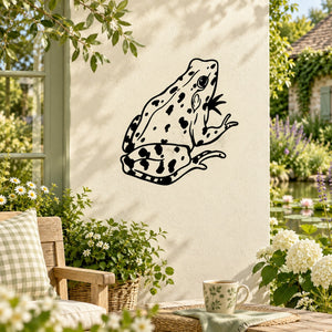 Spotted sitting frog decal with black outline and dark spots on light background