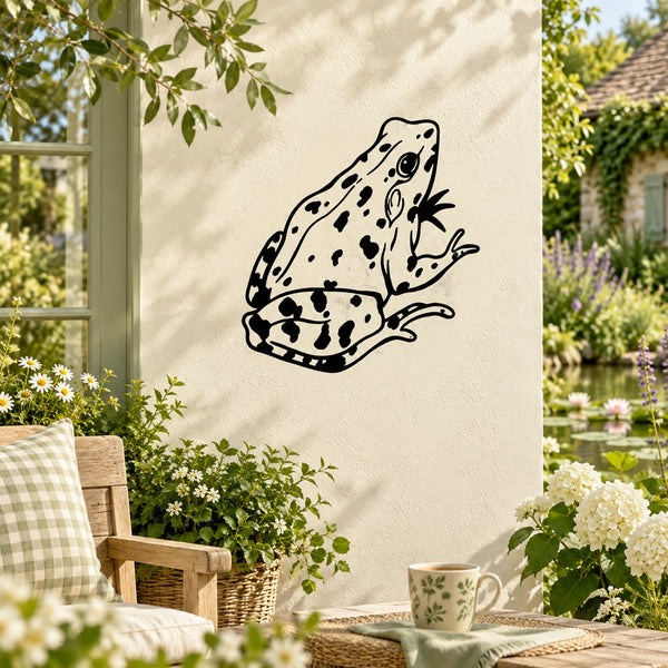 Spotted sitting frog decal with black outline and dark spots on light background