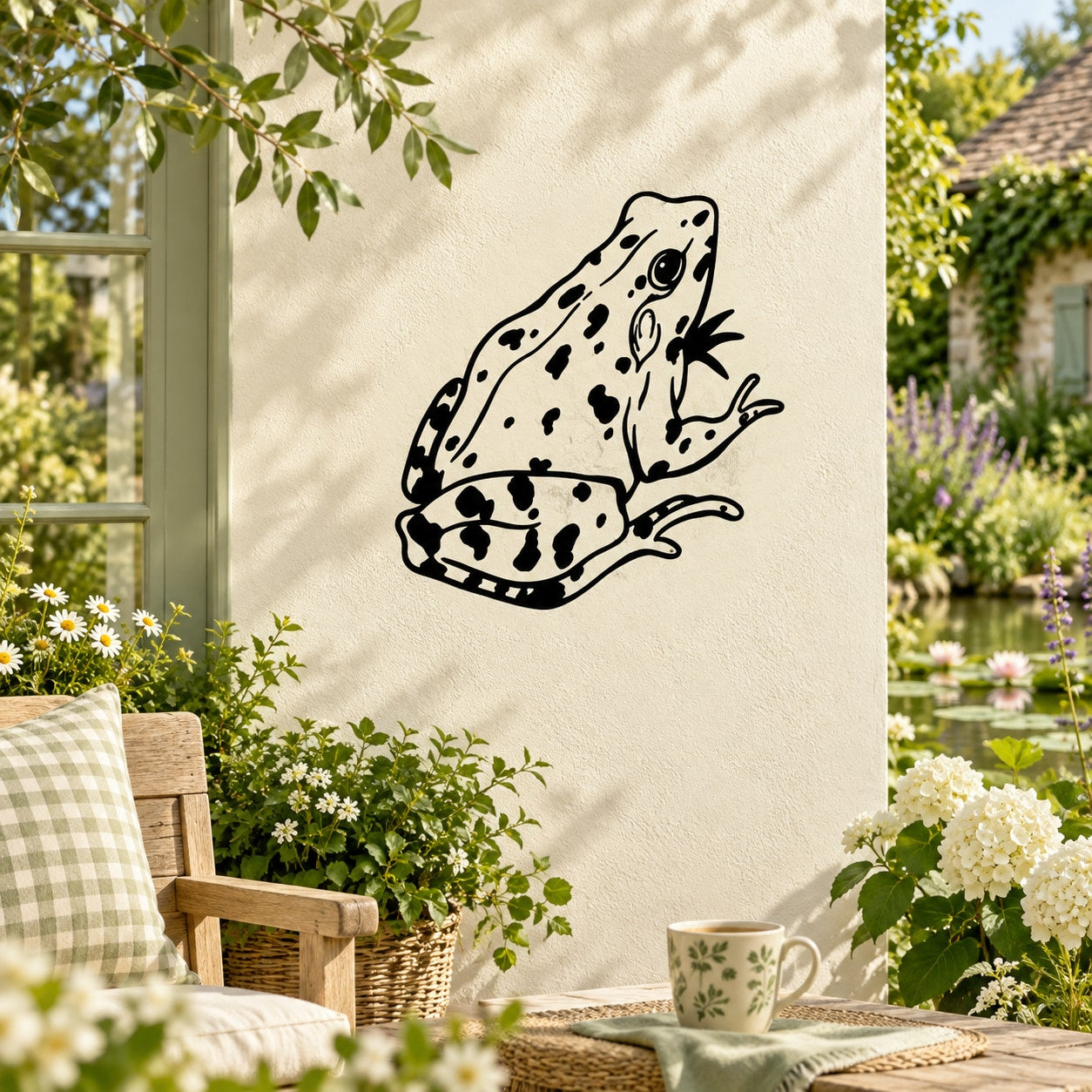 Spotted sitting frog decal with black outline and dark spots on light background