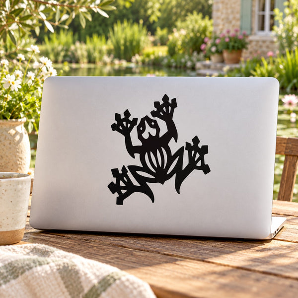 Tribal tree frog wall decal, black stylized frog on foliage