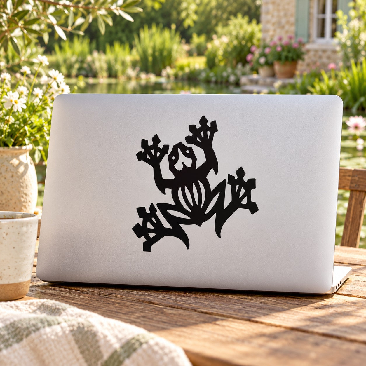 Tribal tree frog wall decal, black stylized frog on foliage