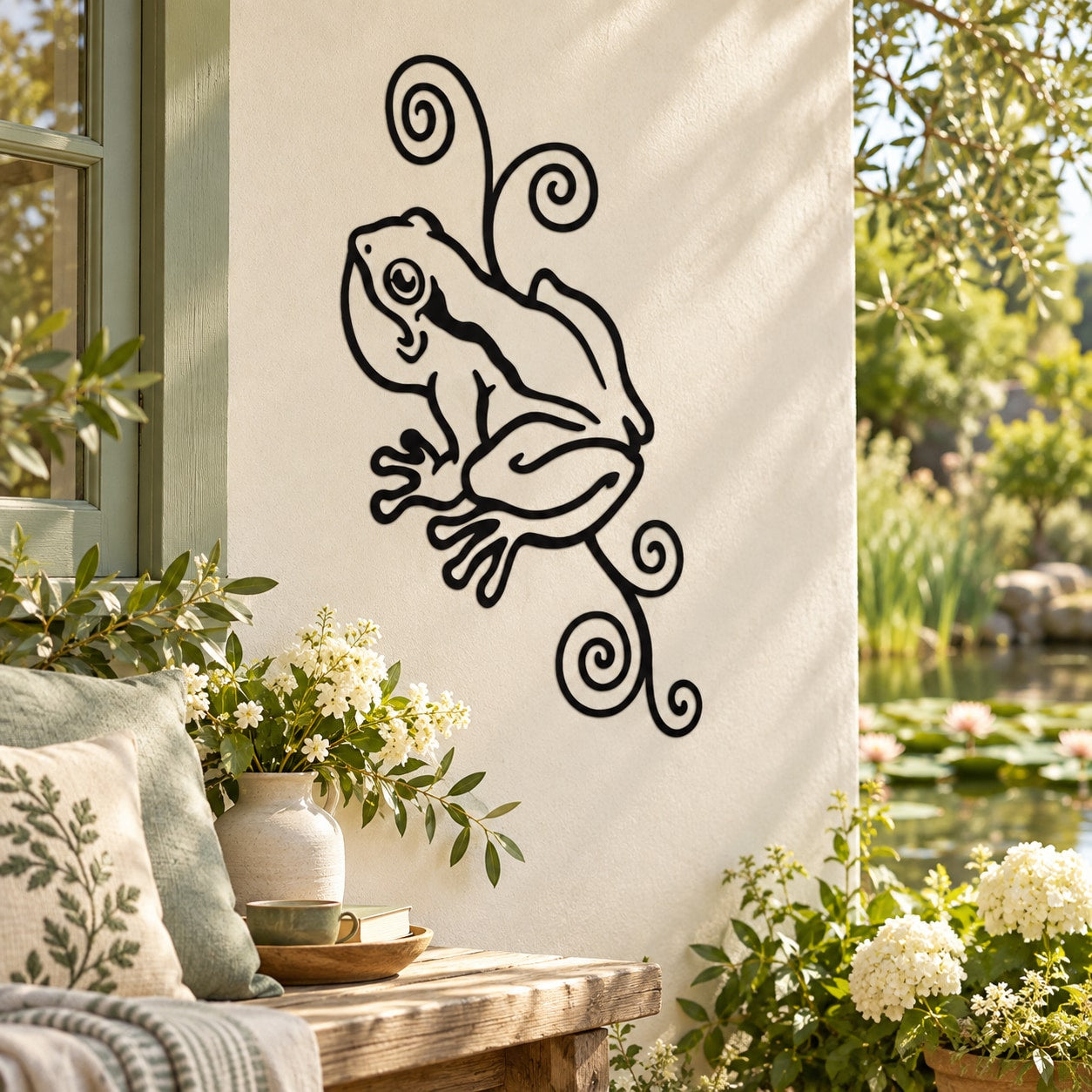 Black outline frog and curly vine wall decal with spiral leaves