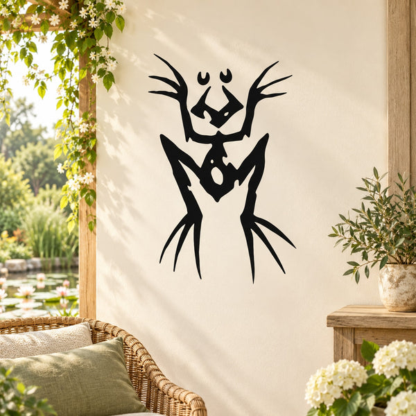 Abstract frog wall decal, black silhouette with stylized crown