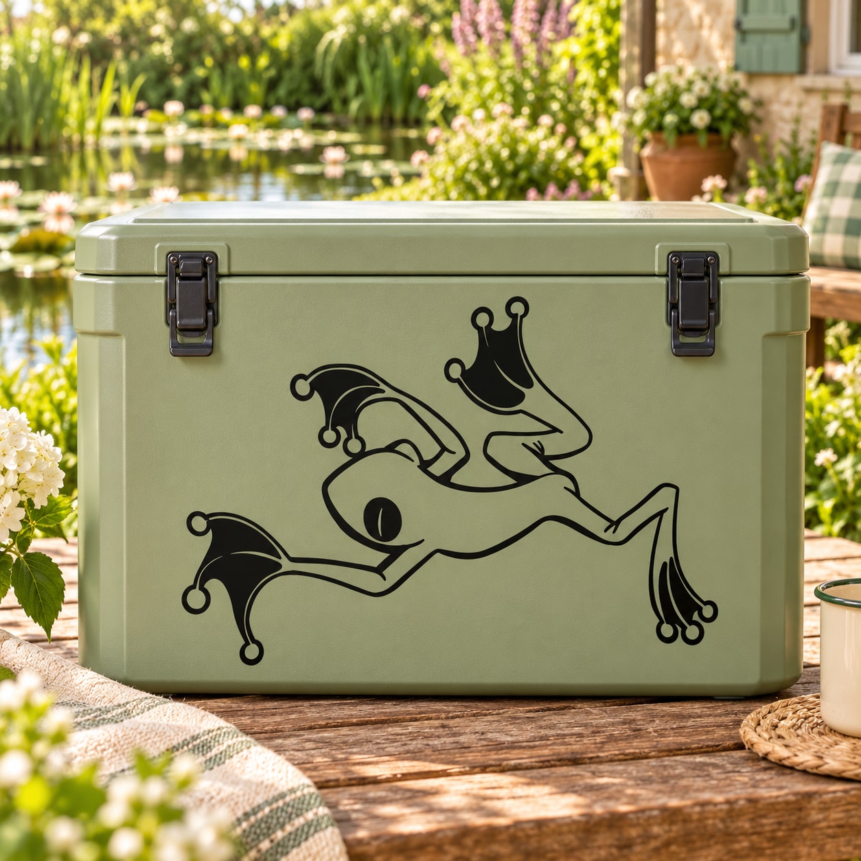 Light green storage box with black gliding tree frog decal
