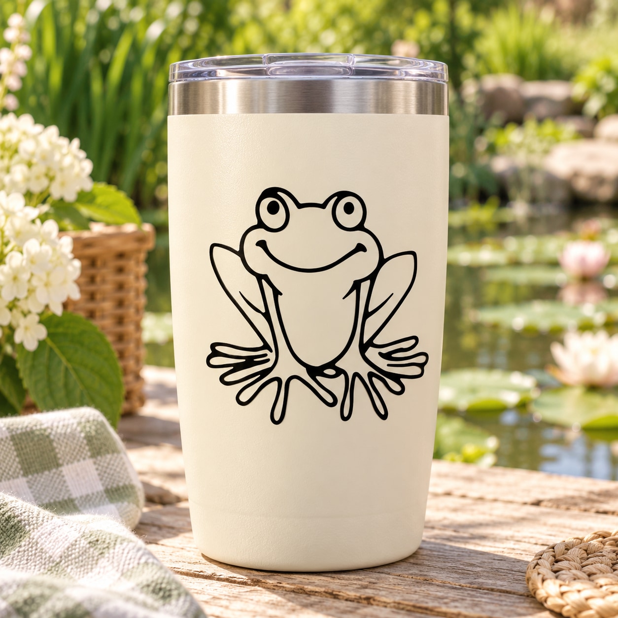 Frog sitting vinyl decal on cream insulated tumbler with stainless lid