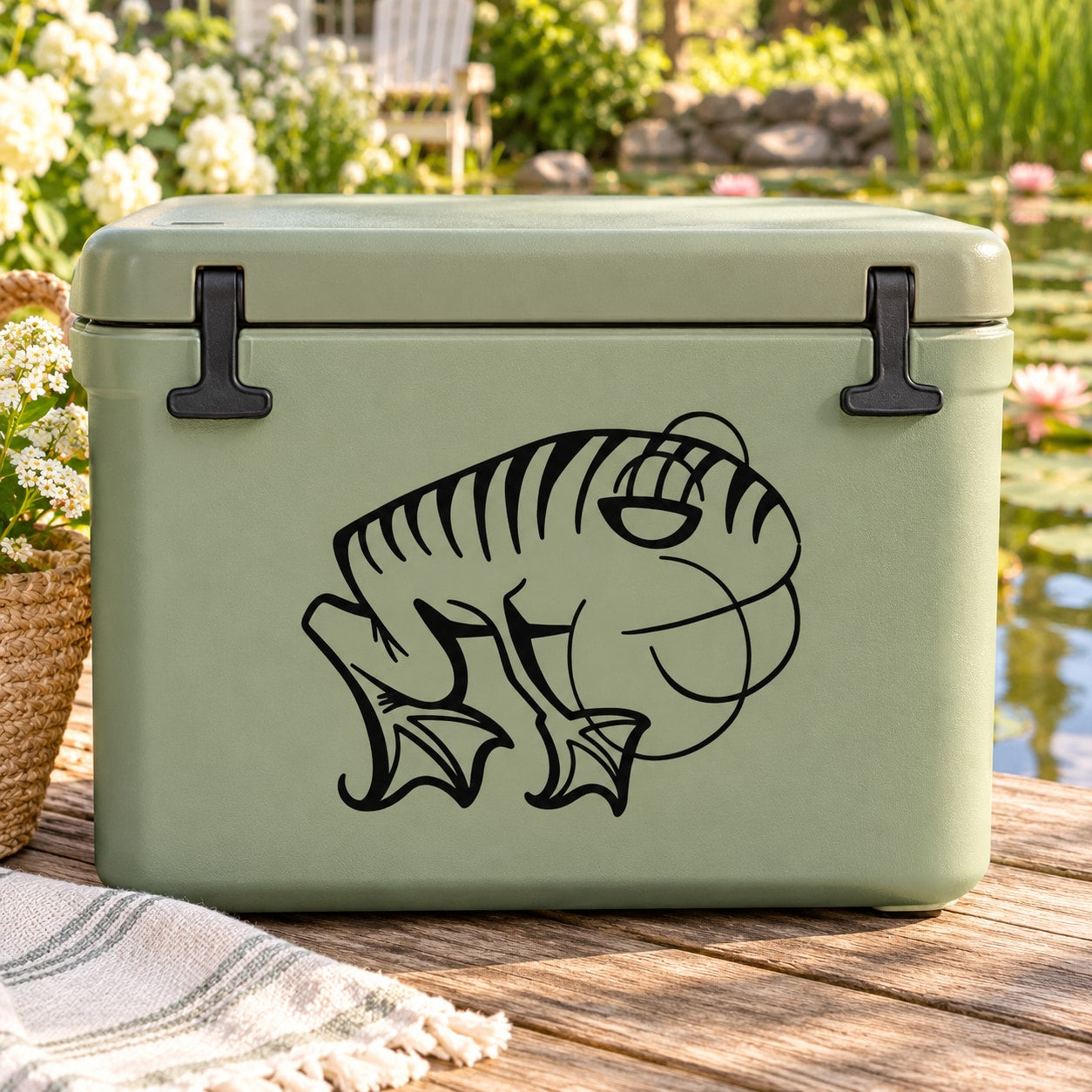 Striped frog decal with black outline and fin-like stripes