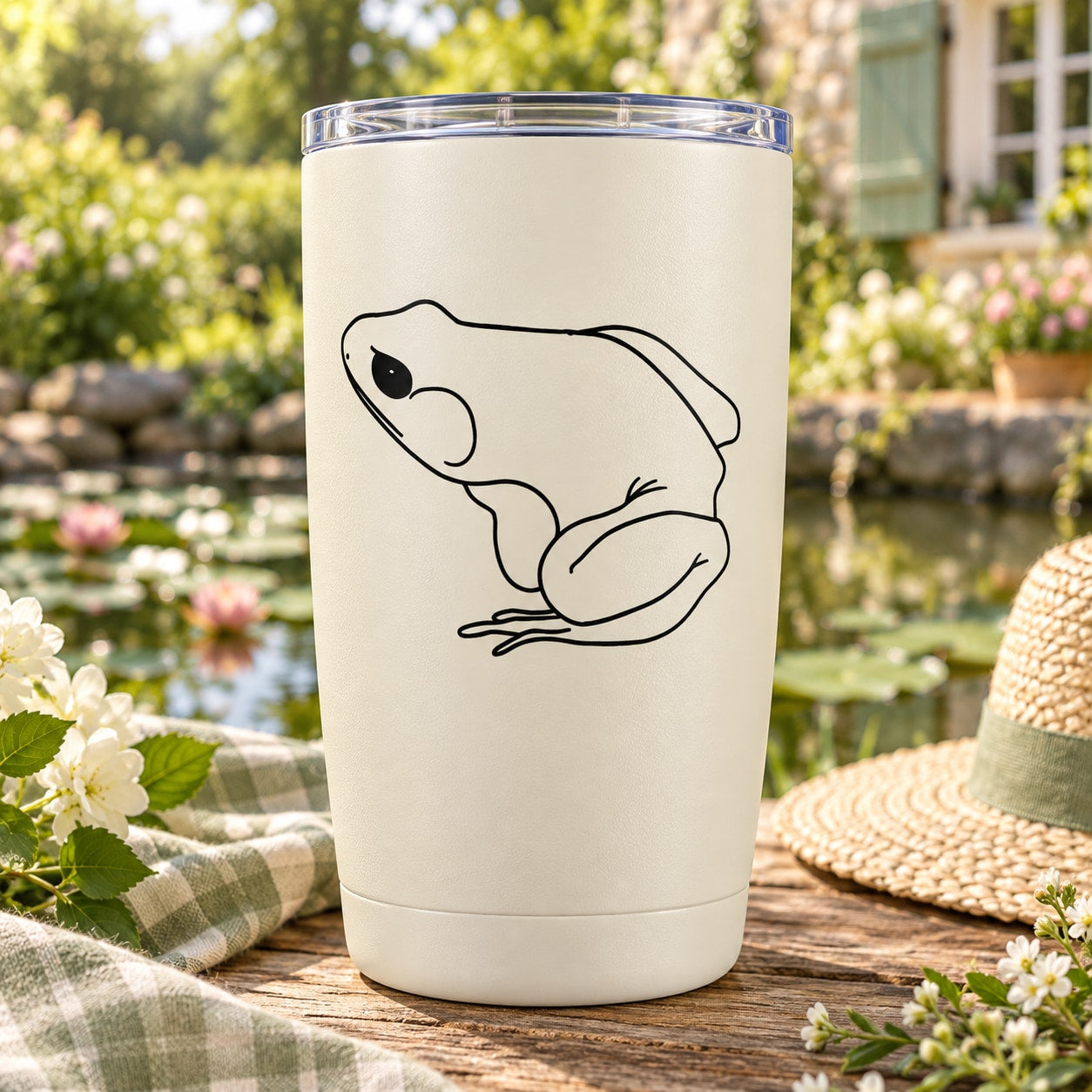 Squatting frog line-art decal on light tumbler, black outline