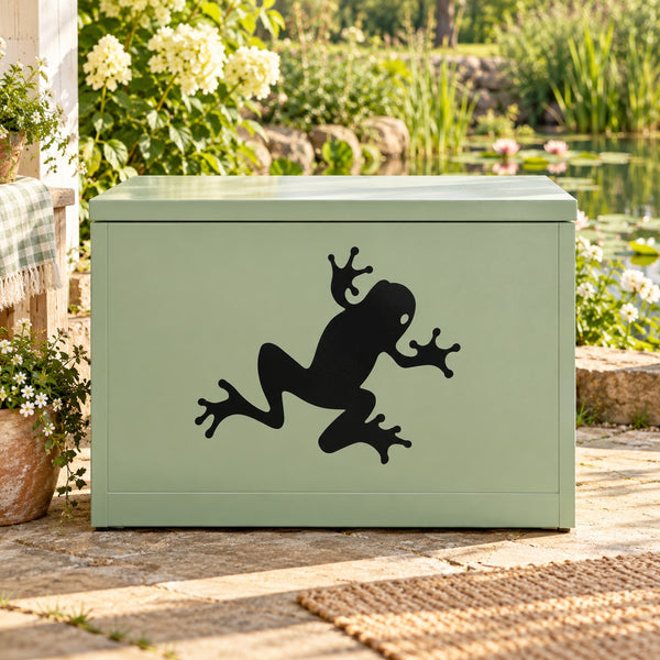 Black crawling frog decal with two frogs on light green surface