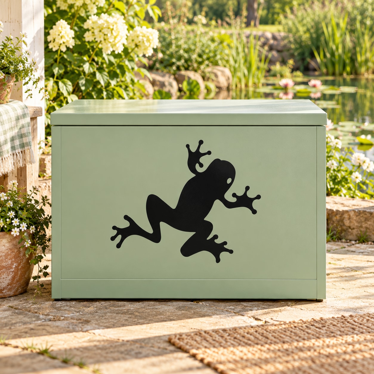 Black crawling frog decal with two frogs on light green surface