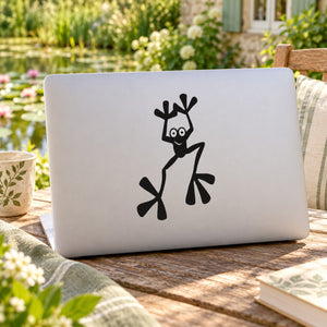 Black cartoon frog stretching wall decal with arms up and legs apart