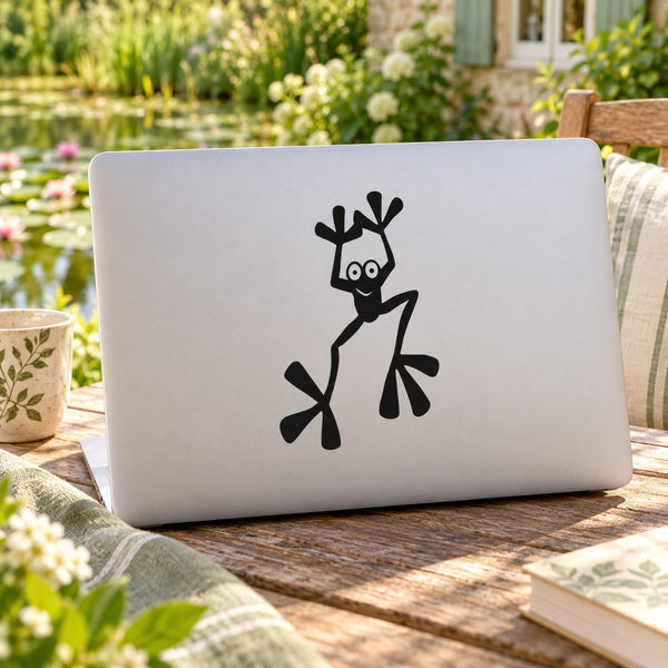 Black cartoon frog stretching wall decal with arms up and legs apart