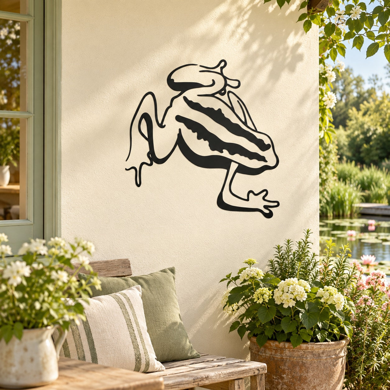 Striped march frog wall decal with black outline and zebra-style stripes
