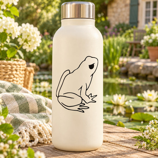 Frog looking-up sitting decal on a beige bottle with black line art