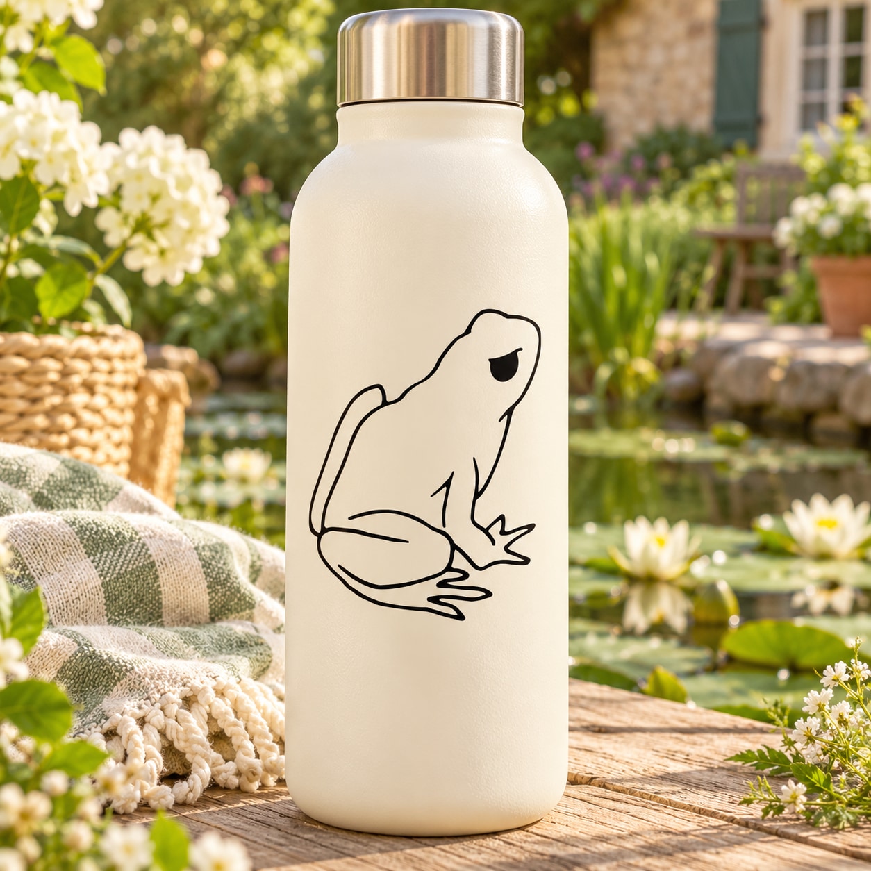 Frog looking-up sitting decal on a beige bottle with black line art