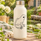 Frog looking-up sitting decal on a beige bottle with black line art