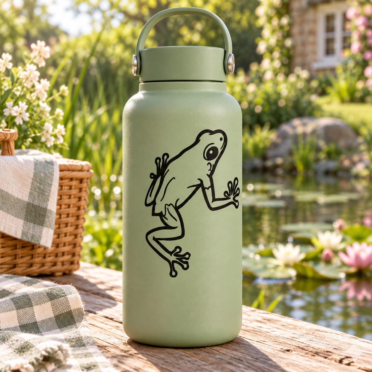 Light green water bottle with black frog walking up decal