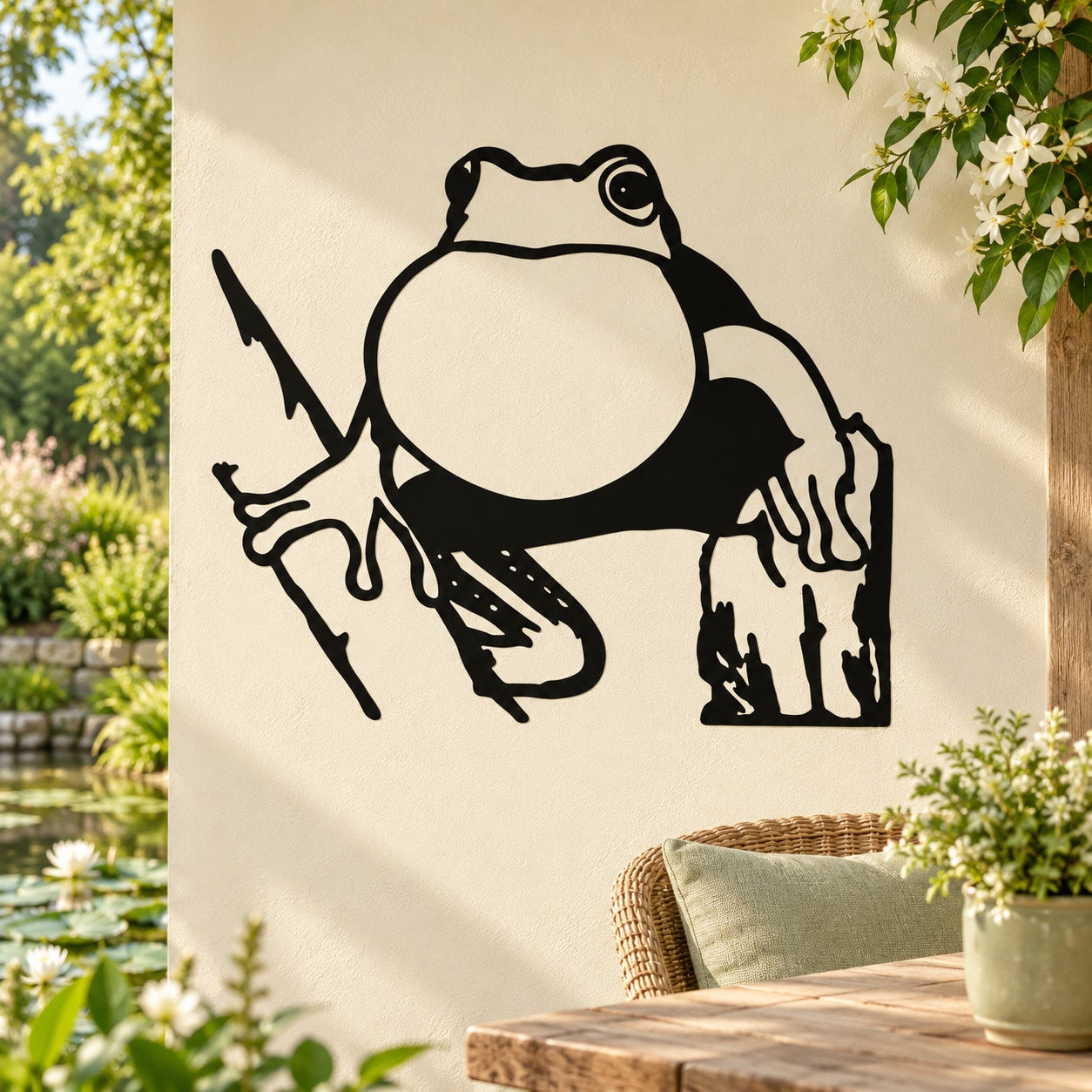 Black cartoon frog on tree wall decal, white belly and thin tail