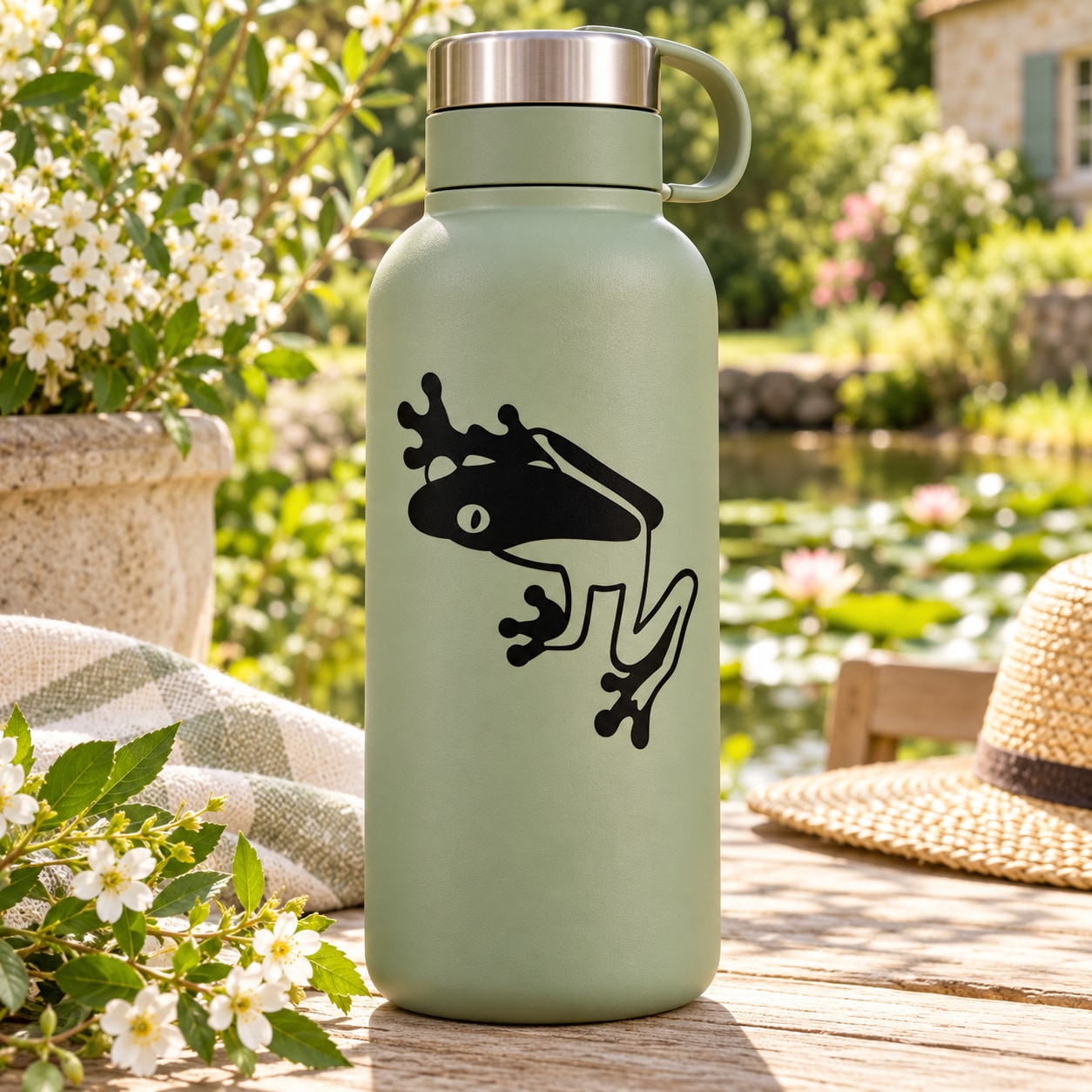 Black frog hiding decal on light green water bottle