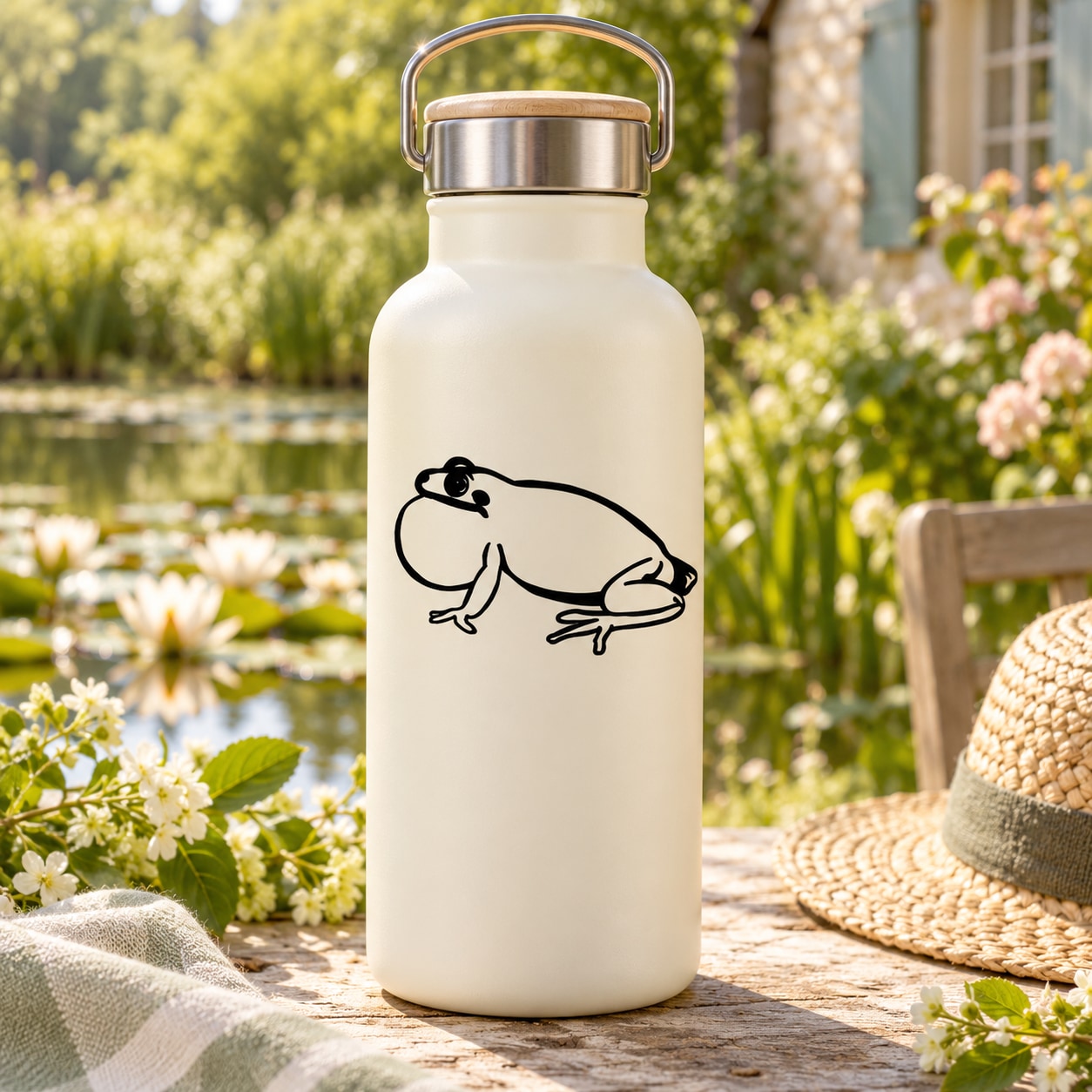 Side croaking frog decal on a cream bottle