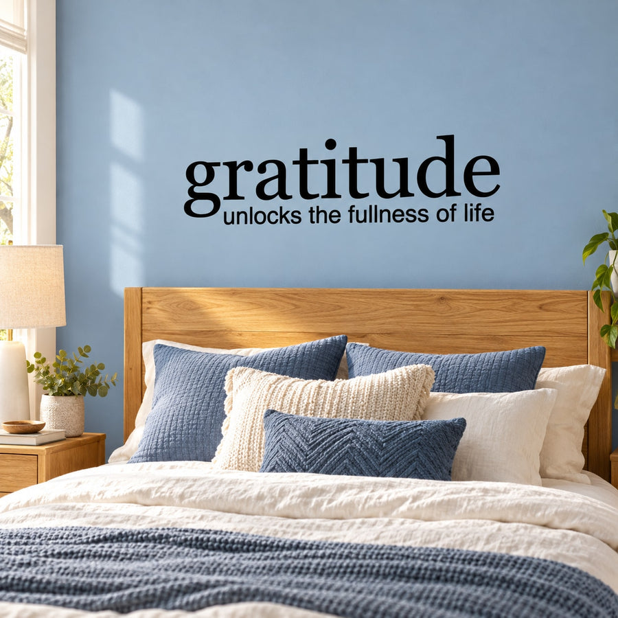 Gratitude wall decal: black 'gratitude' and 'Unlocks the fullness of life'