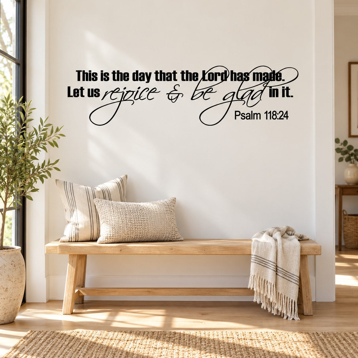 Religious wall decal text: 'This is the day... Let us rejoice and be glad' Psalm 118:24