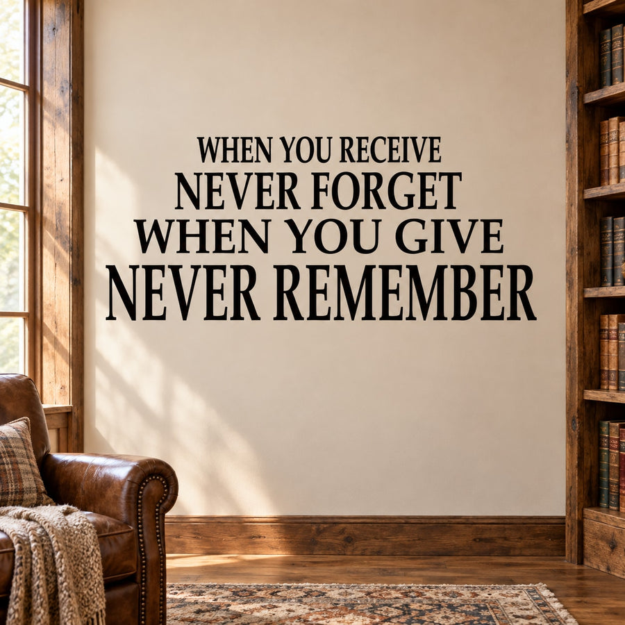 Wall decal with bold quote text: WHEN YOU RECEIVE / NEVER FORGET / WHEN YOU GIVE / NEVER REMEMBER