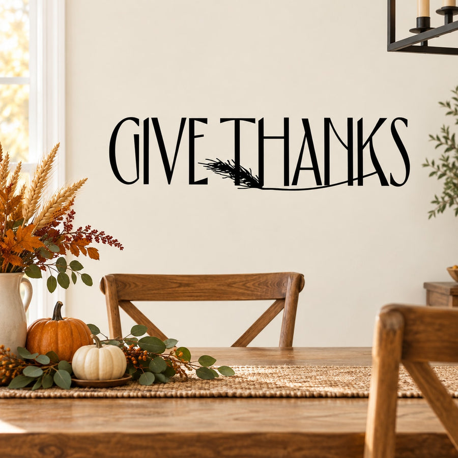 Give Thanks wheat-themed wall decal with large black lettering and small wheat graphic