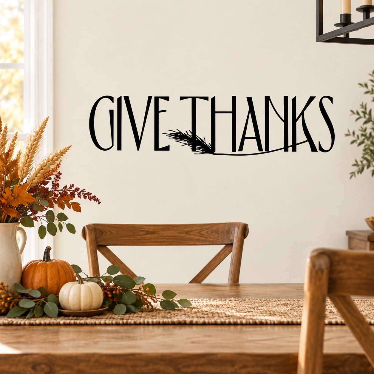 Give Thanks wheat-themed wall decal with large black lettering and small wheat graphic