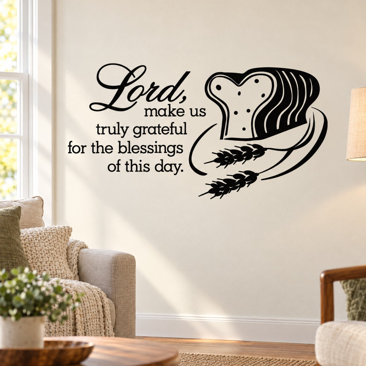 Religious wall decal with black quote and praying face illustration with flowers