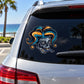 Jester skull car window sticker with colorful blue and orange jester horns and face