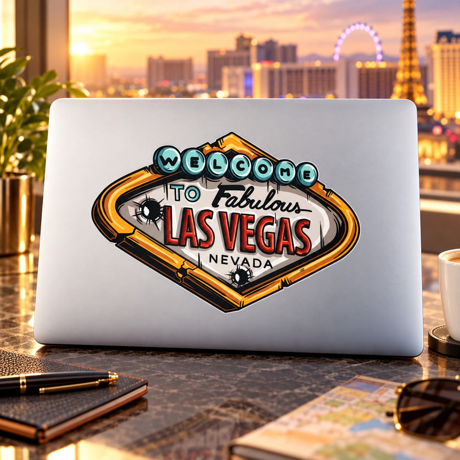 Las Vegas welcome sign sticker with “Fabulous Las Vegas” badge graphic