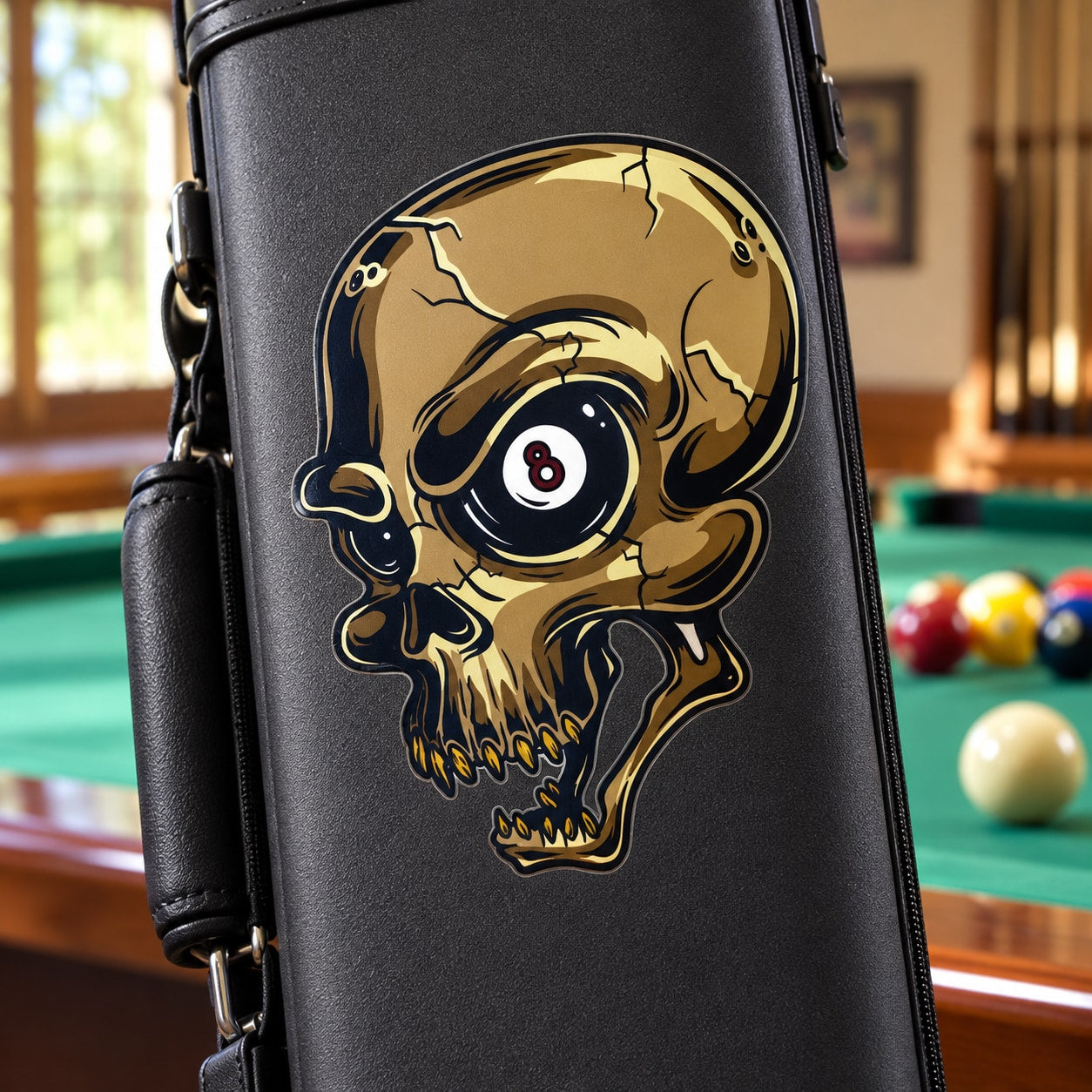 Skull sticker with 8-ball in eye, blue-yellow outline on black background