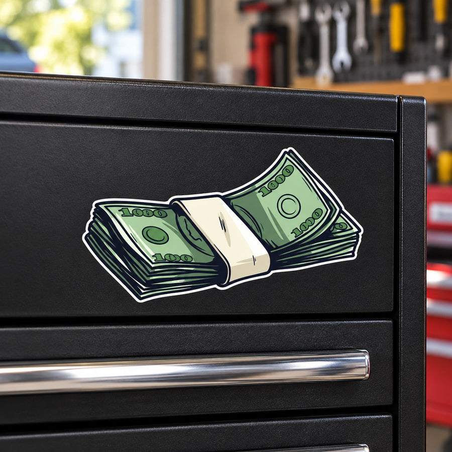 Stack of Cash Money Sticker — illustrative vinyl decal application mockup. Surrounding objects are not included.